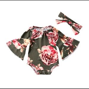 Olive Floral Onesie with Bow